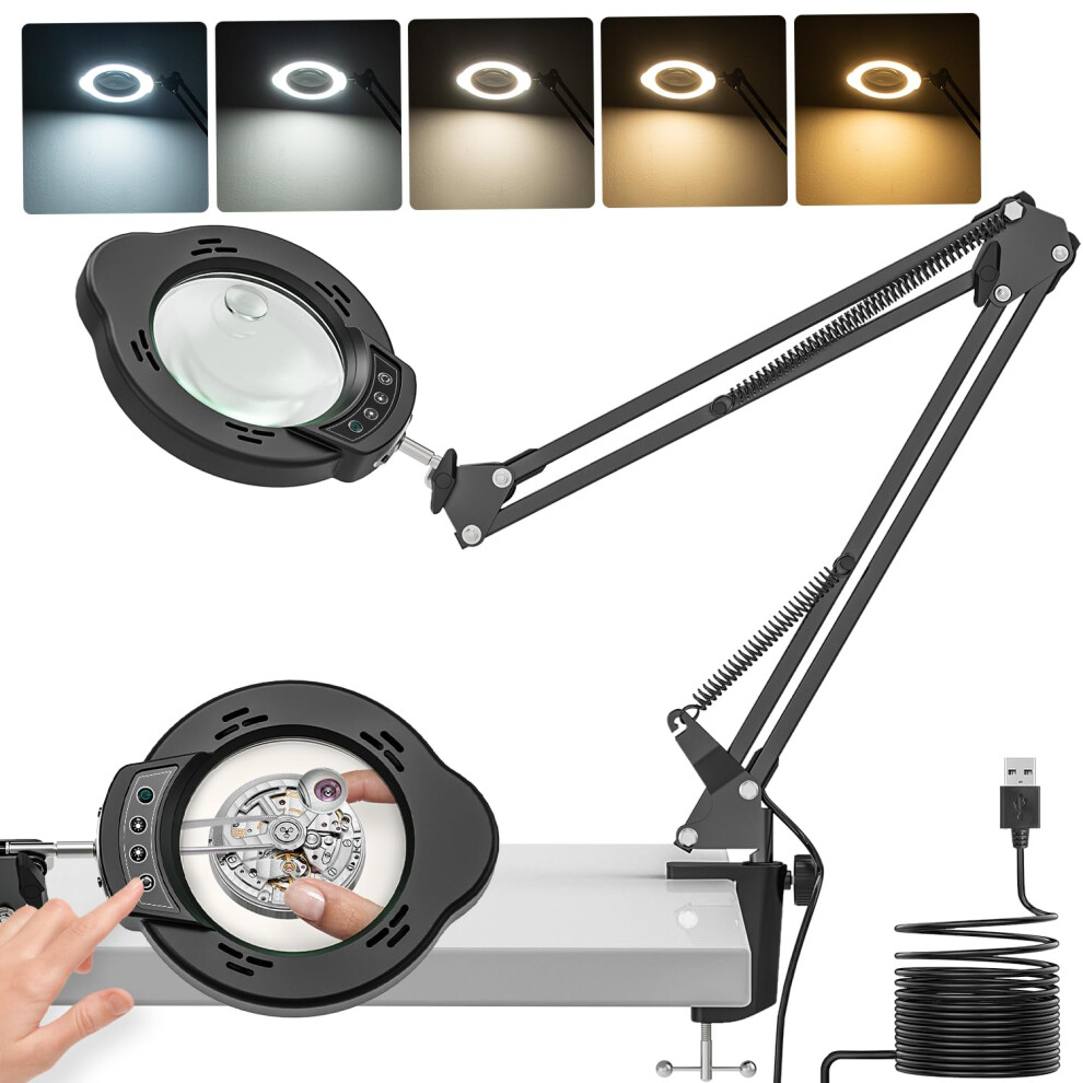 Jubor Light Improved Magnifying Glass With And Stand, 15X 10X Magnifying Lamp With Clamp, Led Desk Magnifier Lamp With 5 Color Modes And 10 Brightness