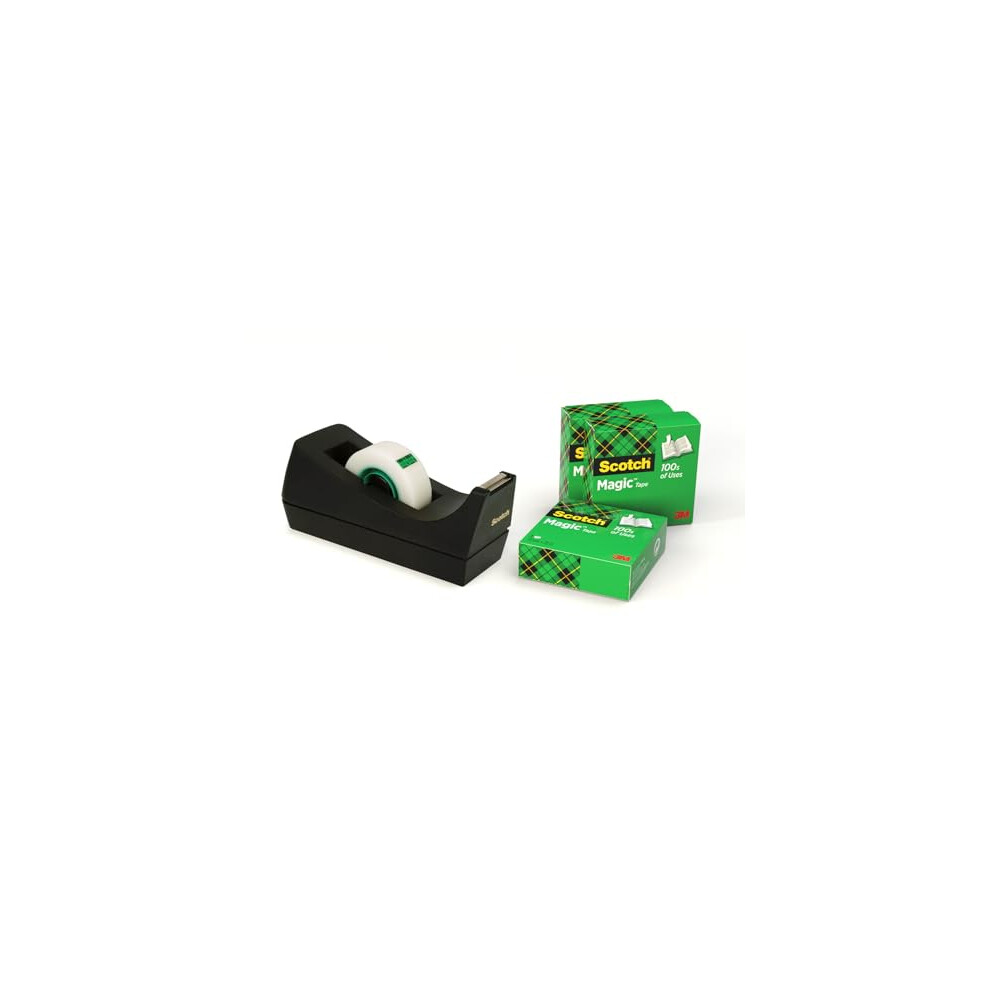 Scotch Desktop Tape Dispenser C38, + Magictape, 19 Mm X 33 M, 3 Rolls -Ideal For School, Home And Office Black