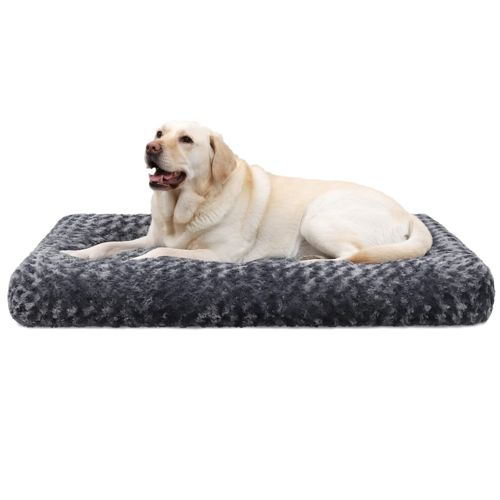 KSIIA Large Dog Bed Washable, Calming Crate Mattress with Non Skid Bottom, Fluffy Anti Anxiety Dog Beds, Pet Pillow Cushion, Dark Grey, 90x60x8cm