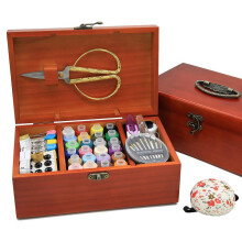 Cesta de costura de madera con compartimentos para accesorios y kits de costura, 8,5 x 5,3 x 3 pulgadas