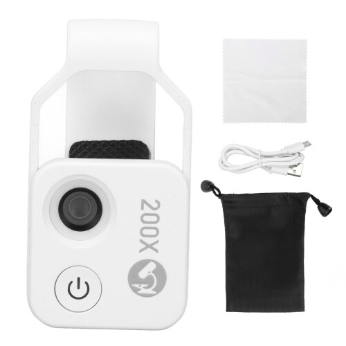 200X Pocket Microscope with CPL Lens & LED Light, White 1