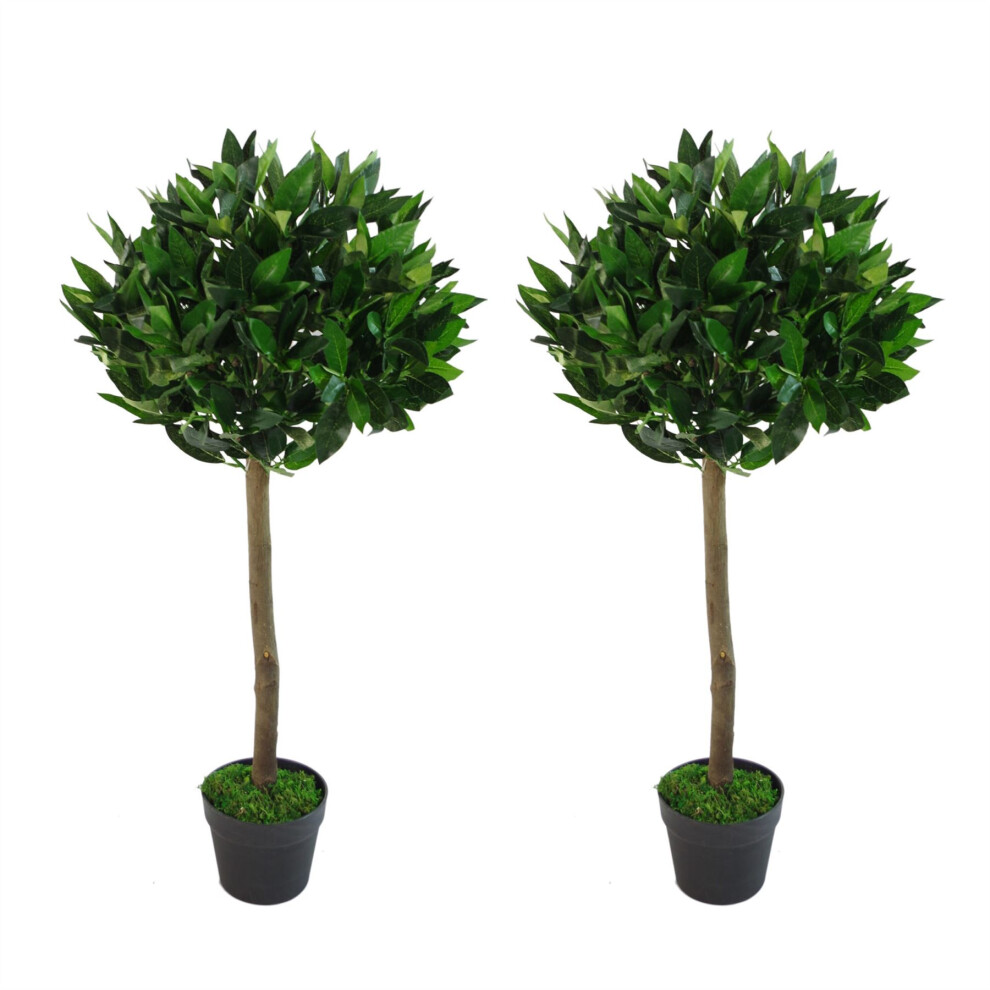 Leaf Pair Of 90Cm (3Ft) Plain Stem Artificial Topiary Bay Laurel Ball Trees
