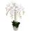 Leaf 85cm Artificial Deluxe Bush Orchid - White Flowers White Pot 1