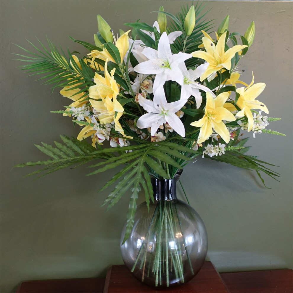 Leaf Artificial Lily Palm Flowers Glass Ball Vase 100Cm