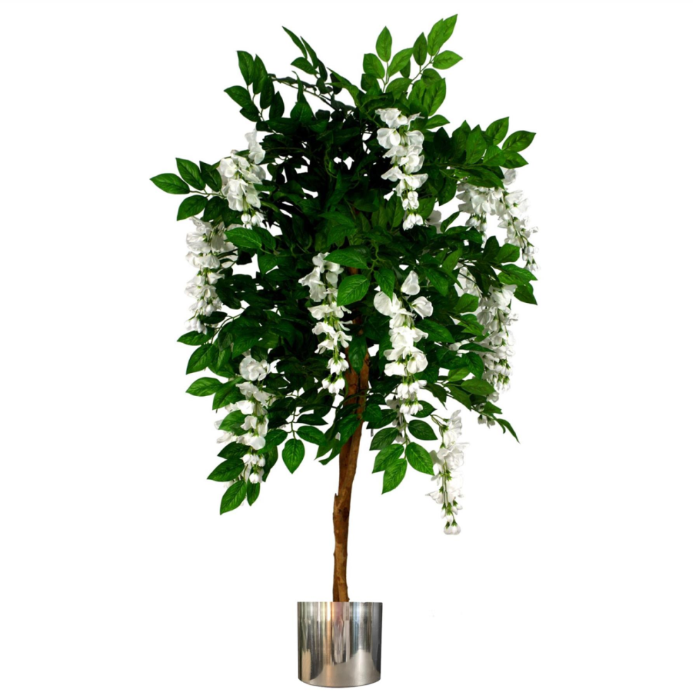 Leaf 130Cm Luxury Artificial Tree Flowers - Premium Range Metal Planter Wisteria/White/Silver