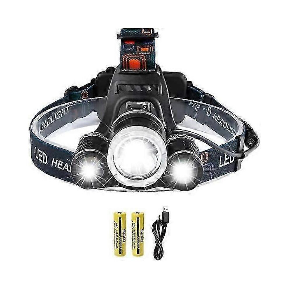 Rechargeable led headlamp, 5000 lumen headlamp, super bright T6 led headlamp, waterproof headlamp with 2 batteries.