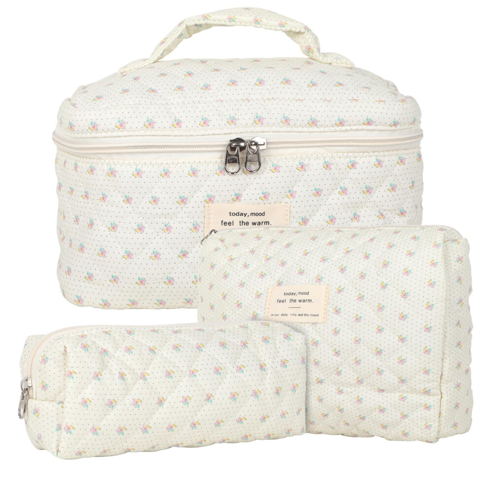 Women's Travel Cosmetic Bag Set - Quilted Cotton Toiletry Bags with Floral Pattern, 3-Piece Set in White-Bees Design
