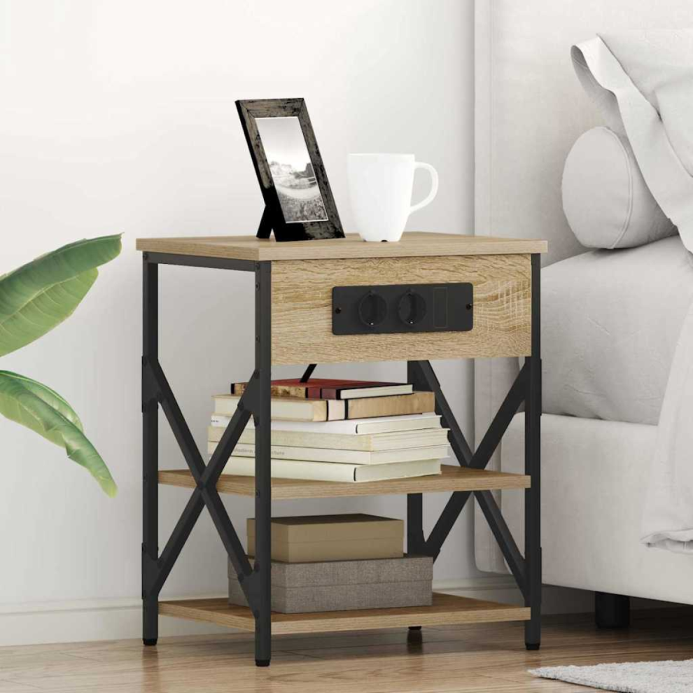 vidaXL Bedside Cabinet with Charging Station with Shelf Sonoma oak