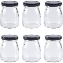 (730) 6 x 100 ml heldere glazen flessen met mooie zwarte deksels, kleine potjes voor yoghurt