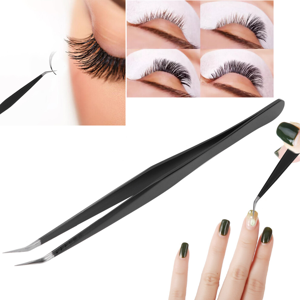 Black Professional 12.5Cm Stainless Steel Eyelash Extension Tweezers