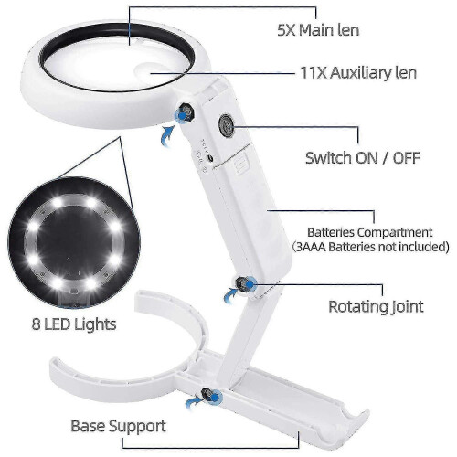 (687) Loupe avec 8 LED, grossissement 5x et 11x, pliable et éclairée. 1