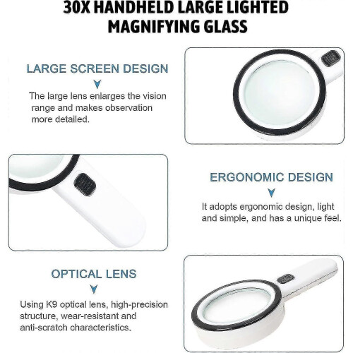 (875) Vergrootglas met licht, 30x draagbare grote verlichte loep, leesvergrootglas 1