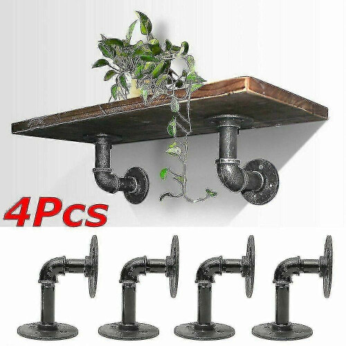 (1372)4x Pipe Shelf Brackets Industrial Iron Rustic Wall Floating Shelves Storage Unit