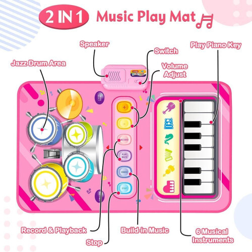 Musical Dance Mat Piano Keyboard & Drum Mat with 2 Sticks Pink 1