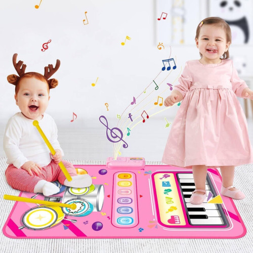 Musical Dance Mat Piano Keyboard & Drum Mat with 2 Sticks Pink