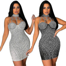 (L-Nero316)Abito da cocktail sexy da donna con spalle scoperte e strass