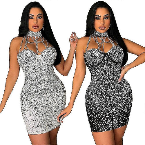 (M-Nero315)Abito da cocktail sexy da donna con spalle scoperte e strass