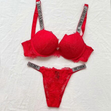 (75C-VS Bra Set566) Set reggiseno e slip con lettere, intimo sexy da donna in pizzo, perizoma, reggiseno