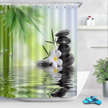 (236) Spa Duschvorhang mit Haken, 180 x 200 cm, Schwarz, Stein, Orchidee, Bambus, Wassermuster, Badezimmervorhang