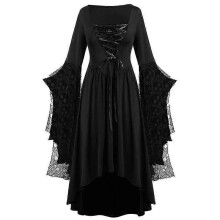 (M-Nero16) Vestito lungo da donna in stile gotico per Halloween, ampio, da festa, con orlo alto e basso