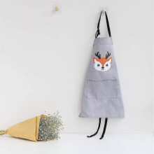 (1046)Grembiule grigio con tasca in cotone e lino impermeabile con motivo a cervo