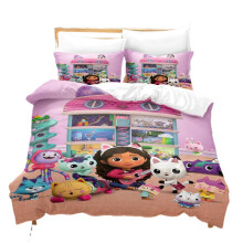 (Family,135x200cm/53.1*78.7in)3pcs Gabbys Dollhouse Cartoon Print Children Bed Duvet Set Quilt Cover Pillow