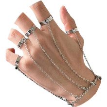 unk Finger Ring Link Bracelet Adjustable Open Band Ring Chain Bracelet Hand Harness Slave Bracelet for Women and Men, Silver, 8 inches