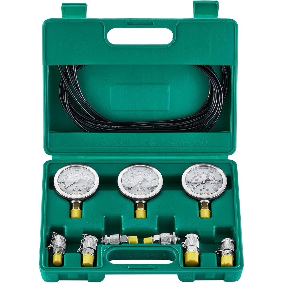 Pressure Test Kit, 250/400/600Bar, 3 Gauges 6 Test Couplings 3 Test Hoses, Excavator Hydraulic Test Gauge Set With Portable Carrying Case 749284894119