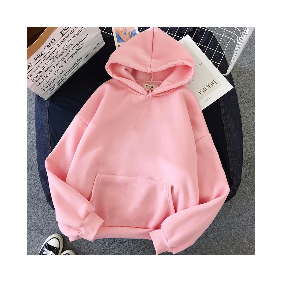 (Pink, M) Ladies Women Hoodies Hooded Oversize Jumper Loose Long Sweatshirts Plain Sleeve