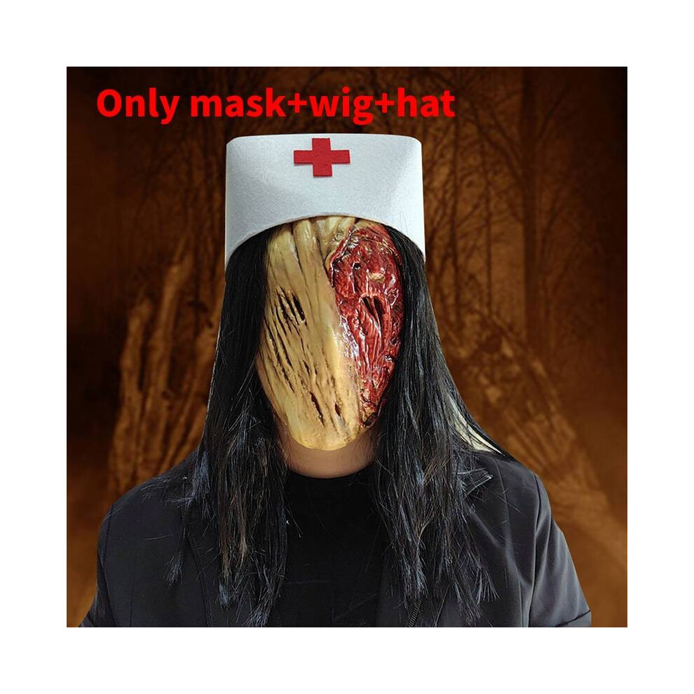 (With Hair) Nurse Hill Silent Latex Mask With Hair For Halloween Horror Costume Accessory