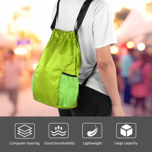 Waterproof Fluorescent Green Polyester Drawstring Travel Storage Bag 41x34x13cm 2