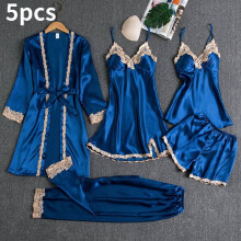 (Blue, 3L) Women Lace 5pcs Satin Silk Pyjamas Set Lingerie Loungewear Nightie Nightwear