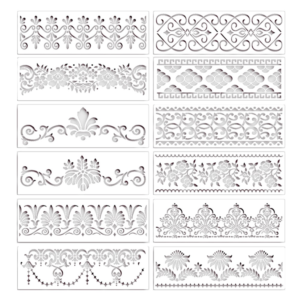 12Pc Flower Border Stencils Reusable For Diy Craft Stencils, 12X3.9in 4713507999642