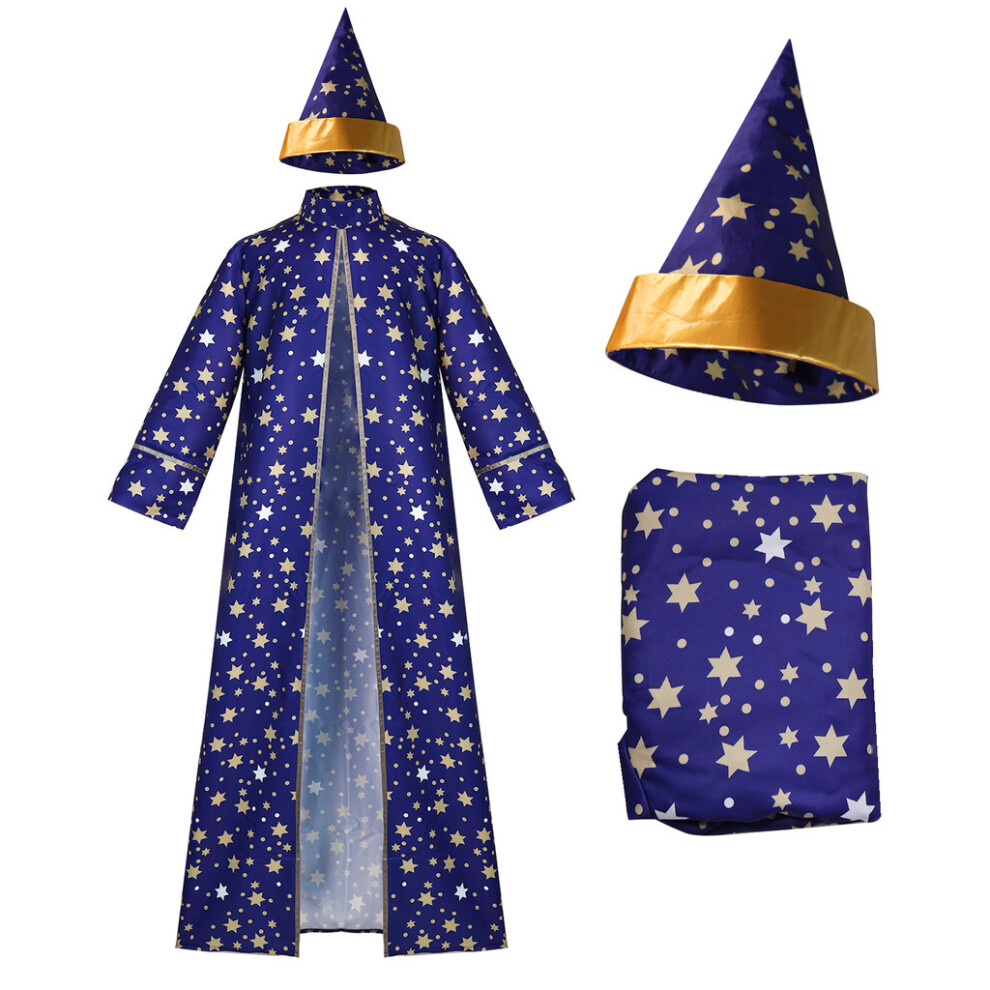 (, Child 130 Cm) Star Magician Halloween Moon Wizard Cosplay Costume Set With Cloak Hat And Blue