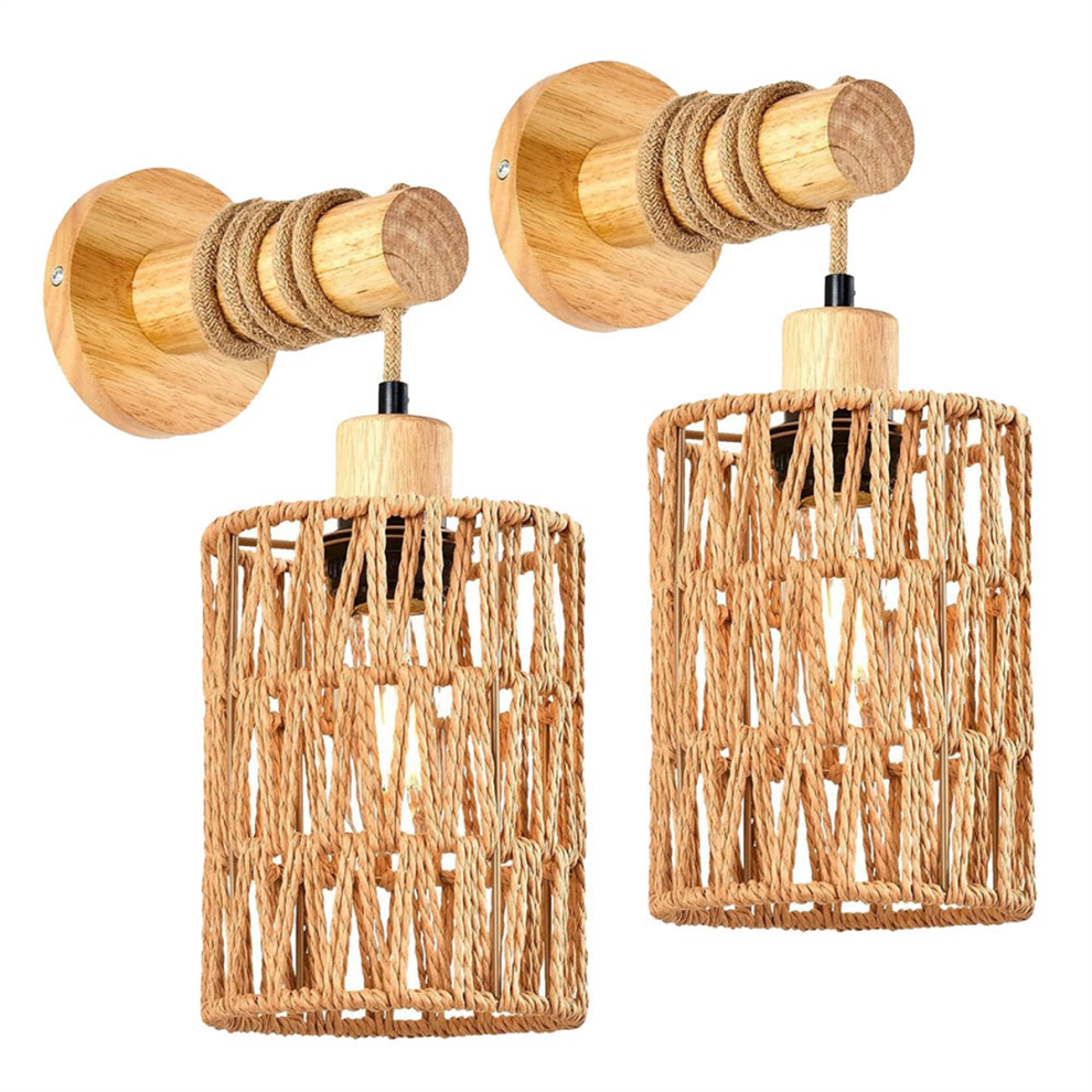 Rattan Rope Bedhead Wall Lamp Cylindrical Bedroom Light, A