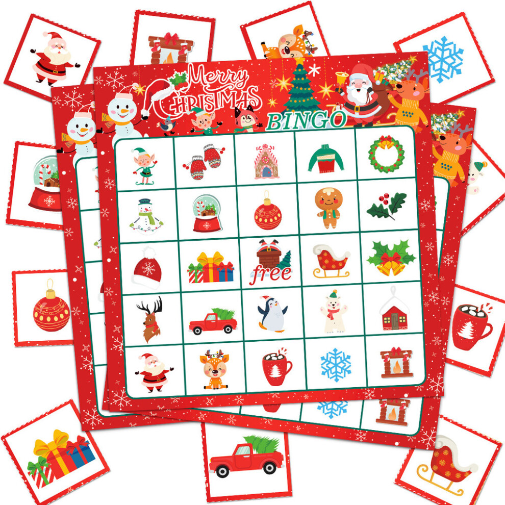Christmas Bingo Theme Game Santa Snowman Paper Cards Set Family Play Fun Holiday