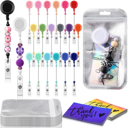 Beaded Badge Reel Set Retractable Clip Holder B