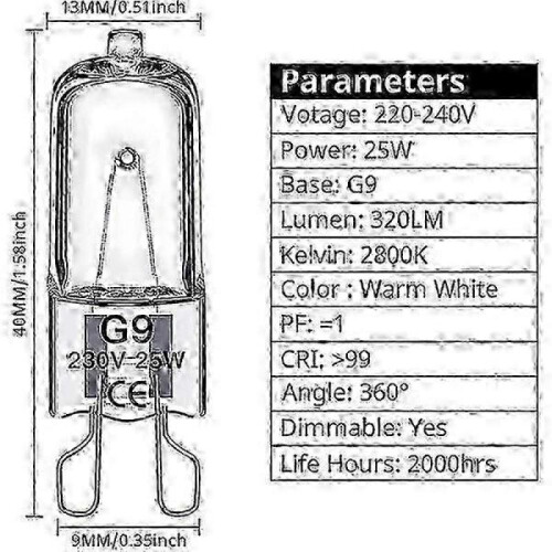 (25W) G9 halogen lamps 60W, 230V, 10 Pack 60W 1