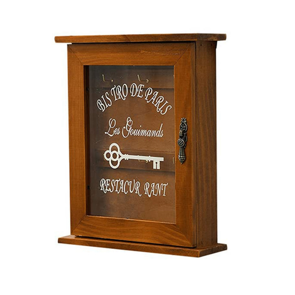 Wooden Key Box, Wall, Key Cabinet with Magnetic Door, with 6 Hooks-A