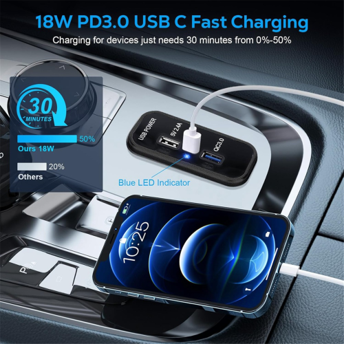 3 Ports 12V USB Outlet Charger, PD3.0 Type C 2