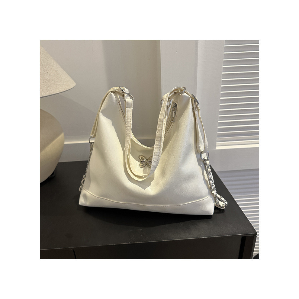 (White)Bolso De Mano Urban Chic De Gran Capacidad Pu Con Elegante Cadena De Metal Para Mujer-image