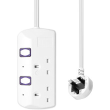 PC02 Extension Lead 1.8m, 2-Gang UK Plug, 13A, 240V, CE Certified, Copper Core, White
