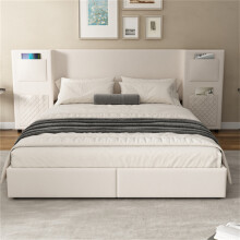 Velvet Ottoman Double Bed, Storage Drawers & Headboard Pockets, Beige