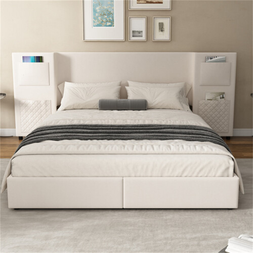Velvet Ottoman Double Bed, Storage Drawers & Headboard Pockets, Beige
