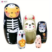 Halloween-Themed Wooden Nesting Dolls - Handmade Matryoshka with Spooky Pumpkin,, and Skeleton Designs