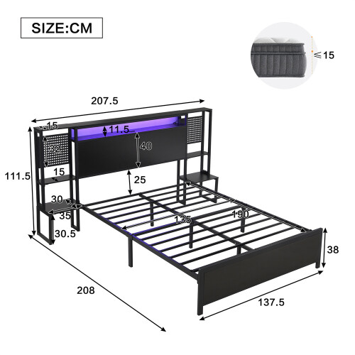 Black Double Bed, LED Strips, USB Charging & Built-In Bedside Table 1