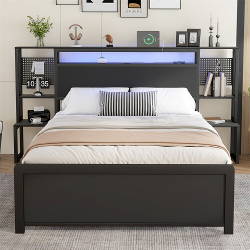 Black Double Bed, LED Strips, USB Charging & Built-In Bedside Table 2