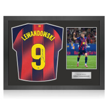 Robert Lewandowski Signed Barcelona 2025-26 Home Football Shirt. Icon Frame