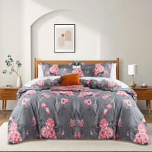 (King Quilt Cover, Grey Bouquet) Printed Duvet Cover Set with Pillowcases - Soft Microfibre Bedding Quilt Cover - Single, Double, King