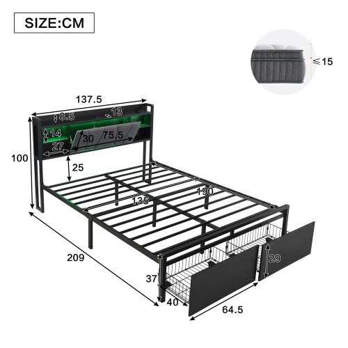 Metal Black Double Bed, LED Lighting, USB Ports & Storage Headboard 1